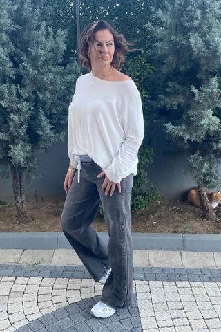 Büyük Beden Gri Yandan Çıtçıt Detaylı Kot Pantolon Gri