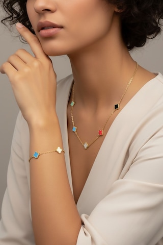 Valmont Accessories Yonca Figürlü Karışık Renk 40+5 Cm Kolye 17+5 Cm Bileklik Çelik Kadın Kolye Bileklik Set Altın - Çok Renkli