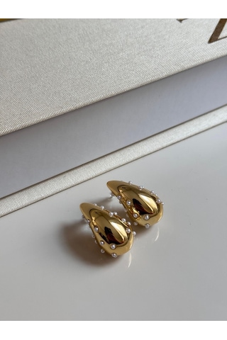 İncili Damla Form Gold Kadın Küpe Altın