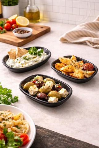 6 Adet 17x12 Cm Melamin Kayık Tabak Sosluk, Meze Ve Çerez Sunum Tabağı Siyah 17x12