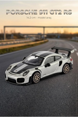 Hobbiez Lisanslı Porsche 911 Gt2 Kapıları Açılabilir Model Diecast 1/32 Ölçek Metal Standlı Araç Gri