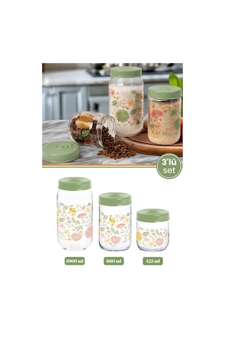 3 Lü Desenli Cam Baharatlık Seti, Kapaklı Çay Şeker Kahve Baharat Saklama Kabı 1000+660+425ml Şeffaf