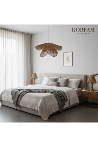 Breeze Modeli Kahverengi Avize & Abajur Set - Hasır El Yapımı Bohem Avize 2'li Ahşap Ayaklı Rustik Abajur Set Çok Renkli