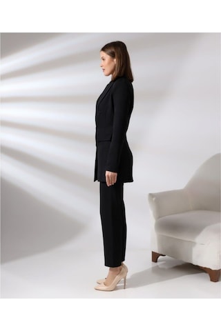 Kadın Kruvaze Blazer Ceket Pamuklu Atlak Kumaş Pantolon Takım Elbise Siyah Siyah
