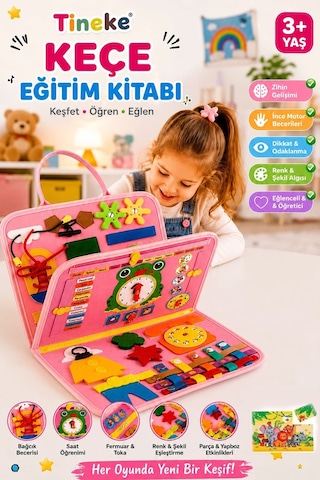 TİNEKE 3+ Yaş Keçe Eğitim Kitabı Montessori Eğitici Aktivite Oyuncağı Beceri ve Zeka Geliştirici Çocuk Kitabı 4 SAYFA PEMBE - İNG