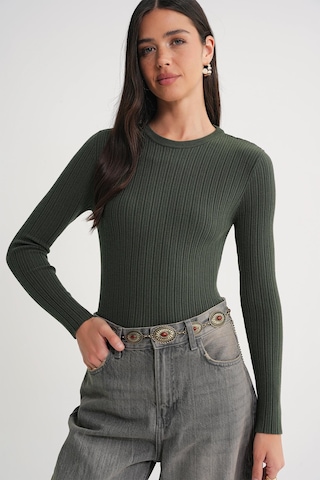 Mixray 6938 Kadın Bisiklet Yaka Fitilli Triko Body Haki