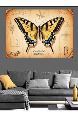 Swallowtail Butterflies Sarı Kırlangıç Kuyruklu Kelebek Eskiz Fonlu Dekoratif Kanvas - Mdf Ahşap Tablo