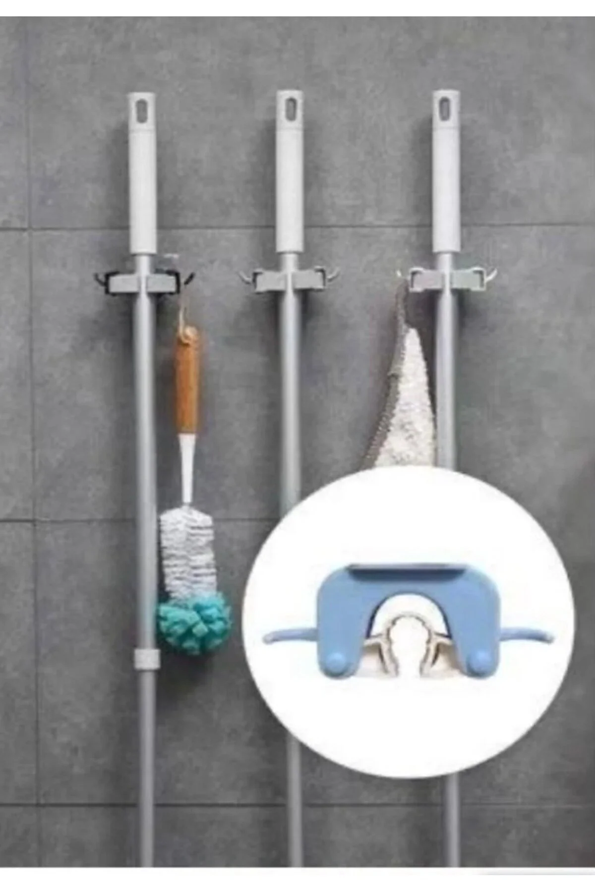 3 Lü Set Çok Amaçlı Mop Askısı Süpürge, Paspas Ve Mop Sap Tutucu, Mutfak & Banyo Duvar Askısı Gri - Beyaz