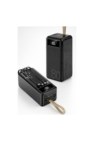 Exenar - Siyah - 80.000mah Powerbank Kamp Led Işıklı Kendinden Kablolu Powerbank 4xusb-1typec-1lightning Giriş