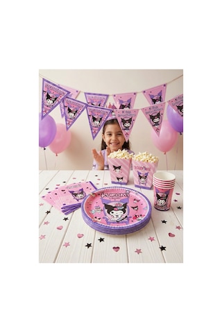 Kuromi Temalı Doğum Günü Parti Seti 8 Kişilik Tabak, Bardak, Balon, Flama, Popcorn Kutusu, Peçete