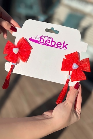 Kalpli Püsküllü Kırmızı Fiyonk Kız Çocuk Kadın Timsah Toka 001