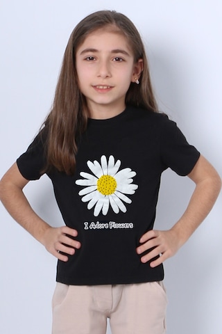 Hçm Kız Çocuk Tshirt Papatya Baskılı Bisiklet Yaka D26 Siyah