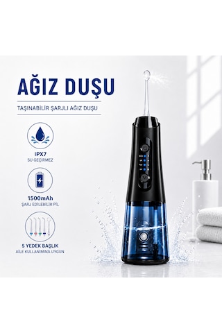 Ağız Duşu Şarjlı 320 Ml Su Hazneli 4 Modlu Su Geçirmez Taşınabilir Oral Irrigator 5 Başlıklı Derin Temizlik Type-c
