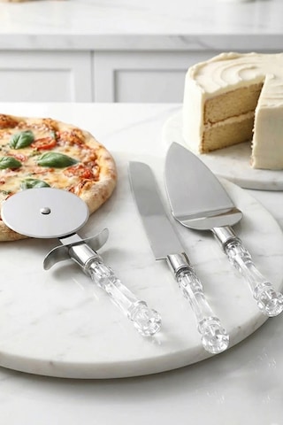Thentech 3lü Kristal Görünümlü Saplı Çelik Servis Seti Pizza Kesici Kek Bıçağı Pasta Spatulası Çeyizlik Gri