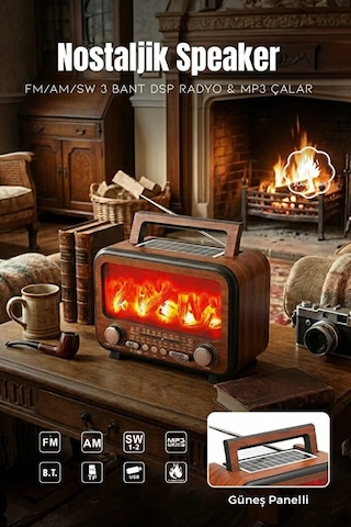 Güneş Enerjili Nostaljik Alev Efektli Şömine Tasarım Bluetooth Hoparlör Radyo