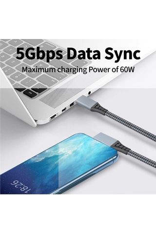 Honmex Gümüş Gri Örgülü Vr Bağlantı Kablosu C-c + Adaptör 5m - 5gbps Veri Transferi Bakır Çekirdekli