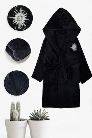 Düz Ve Kapüşonlu Pamuklu Çocuk Bornozu Siyah