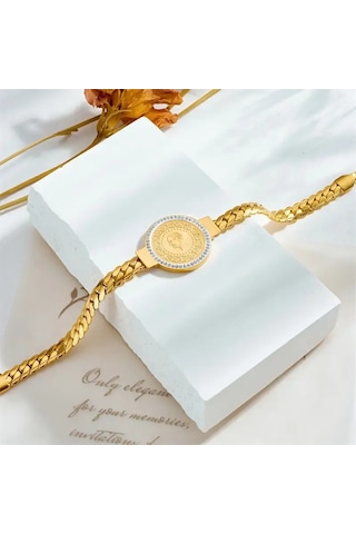 Gold Renk Çeyreklik Çelik Bileklik Zirkon Taşlı Ayarlanabilir Antialerjik Şık Ve Zarif Tasarım Gold