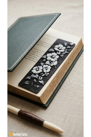 Floral Desenli Kabartma Dokulu Kitap Ayracı - Mat Siyah Sanatsal Çiçek Motifli Aksesuar