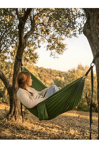Beylini Paraşüt Kamp Hamağı 140 Kg Kapasite Çantalı Su İtici Kumaş Katlanır Taşınabilir Bahçe Piknik Hamak Yeşil