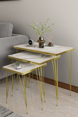 3'lü Gold Tel Ayaklı Dikdörtgen Zigon Sehpa Takımı - Modern Salon ve Yan Sehpa Seti