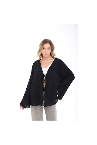 Blayn Jeans Blayn Kadın Keten Kimono Oversize Rahat Kalıp Yazlık Uzun Kollu Kimono Siyah