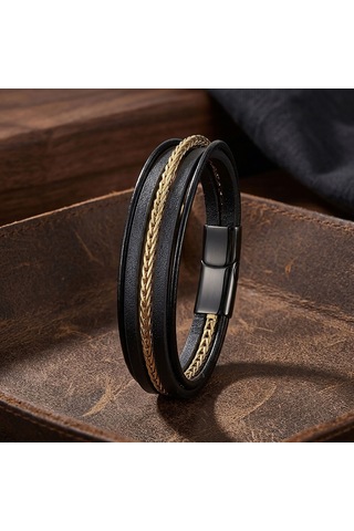 Premium Gold Çelik Zincir Detaylı Çoklu Deri Erkek 316l Çelik Bileklik 31834b18d1 Siyah - Altın