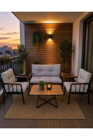 Liva Bahçe Balkon Oturma Grubu - 2+1+1 Takım + Sehpa - Siyah Metal İskelet Konforlu Kırpık Dolgu Açık Gri