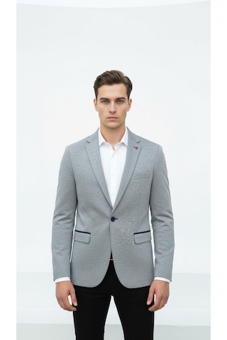 Plus Scorpion Gri Erkek İtalyan Kesim Blazer Ceket Lacivert Detaylı, Kol Yamali, Slim Fit Şık Tasarım Lacivert