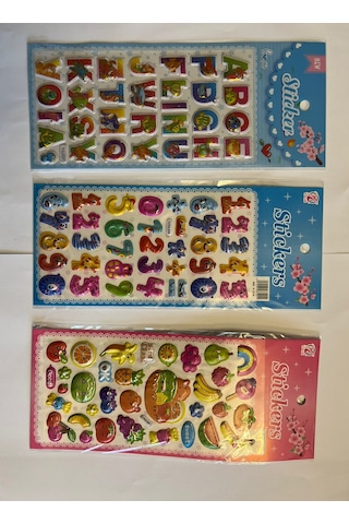 Eğitici Çocuk Sticker Etiket Oyunu 3 Kartela Birden Alfabe Rakam ve Meyveler