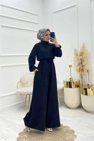 Neşeli Butik Kadın Krep Kuşaklı Gül Detaylı Salaş Tulum Nms003 Siyah
