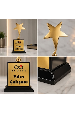 Logonuza Özel 5 Adet Mesajlı Gold Renk Yıldız Oskar Kurumsal Ödül Kupası 18 X 8 Cm