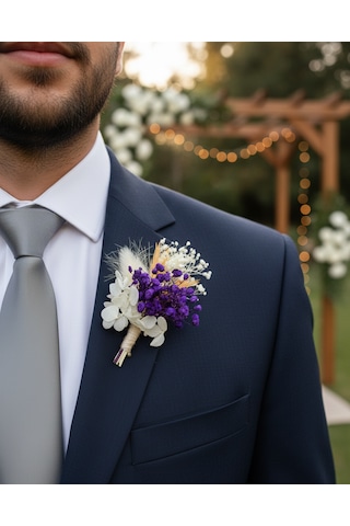 Beyaz Ortancalı Kuru Çiçek Damat Yaka Çiçeği, Nikah, Nişan Ve Düğün Aksesuarı Mor