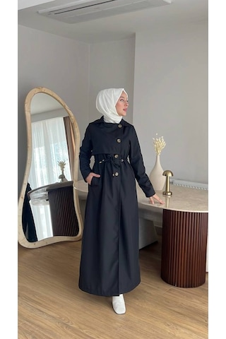 Esra Butik78 Kadın Düğmeli Trençkot Kendi Kumaşından Kemerli Model Siyah
