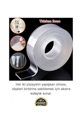 Şeffaf Çift Taraflı Nano Bant 2 Metre 18mm İz Bırakmaz, Süper Güçlü Yapışkan, Çok Amaçlı Montaj Band