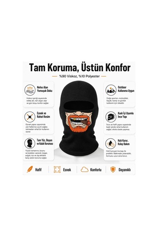 Womanandkids Wak Unisex Sakallı Puro Baskılı Balaklava 1 Adet Tek Beden Viskoz Kask İçi Outdoor Maske Siyah