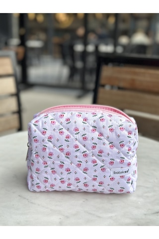 Batekso Minik Pembe Çiçek Desenli Makyaj Çantası Büyük Boy