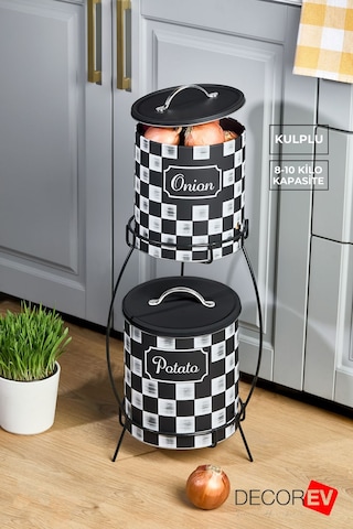 Decorev 2 Katlı Kulplu Patates Soğanlık Metal Patates Soğan Kovası Sebzelik Sepeti Dama Desenli