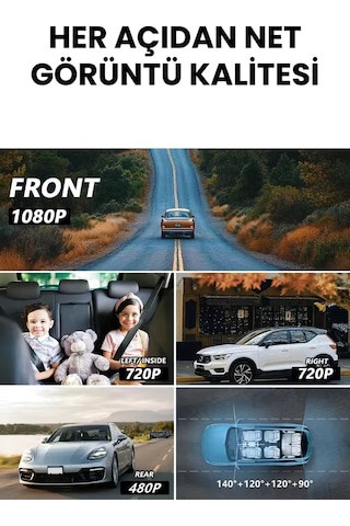 4 Kameralı Araç İçi Kamera Lcd Ekranlı 360 1080p Hd Gece Görüşü, G Sensor, Park, Döngü Kayıt Wdr, Uygulama Kontrol