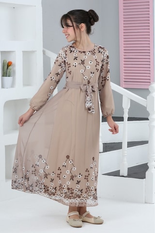 Kız Çocuk Astarlı Tam Boy Çiçek Desenli İç Göstermeyen Şık Ve Rahat Uzun Elbise Bej-beyaz