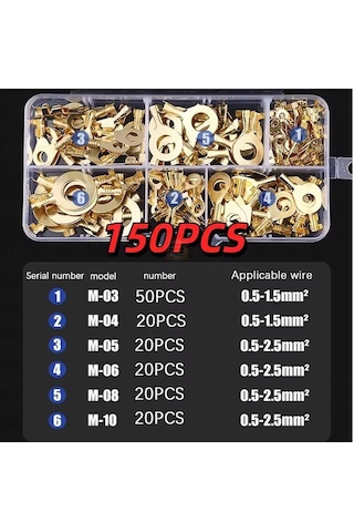 Halka Tip Kablo Papuç Terminali Seti Kutulu 150 Parça M3/m4/m5/m6/m8/m10