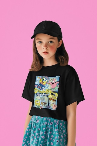 Sevbano Süngerbob Ve Patrick Baskılı Unisex Çizgi Film Çocuk Tişört 1-12 Siyah