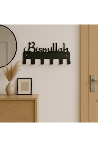 Lunoart Bismillah Yazılı Metal Anahtarlık Askılığı Siyah 6 Askılı Modern Duvar Dekoru Siyah