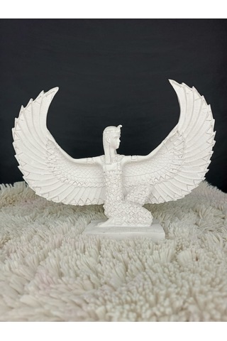 Antik İsis Heykel Obje, Beyaz Oturan Kanatlı İsis Obje, Ev Dekoru