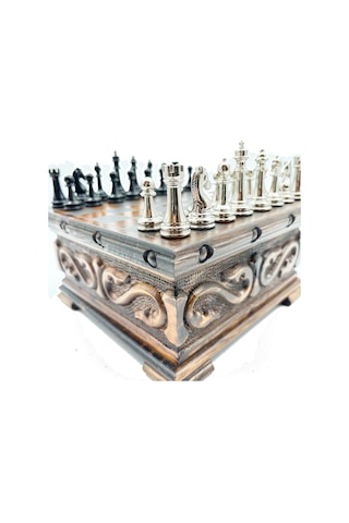 Gizli - 306 - Bölmeli El İşi Ceviz Sandık Model Satranç Takımı Ve Metal Kla Satranç Taşları Snkk20 - Muratech - - Siya