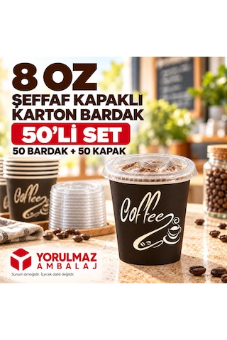 8 Oz Kapaklı Karton Bardak 50 Adet Soğuk İçecek Uyumlu Sızdırmaz Kağıt Bardak 40