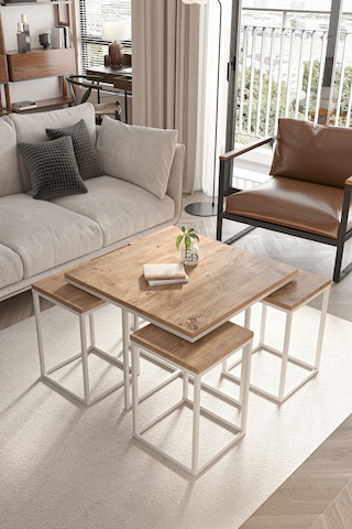 Lizbon 4+1 Kare Sehpa Takımı Beyaz Metal - Atlantik Çam Tabla