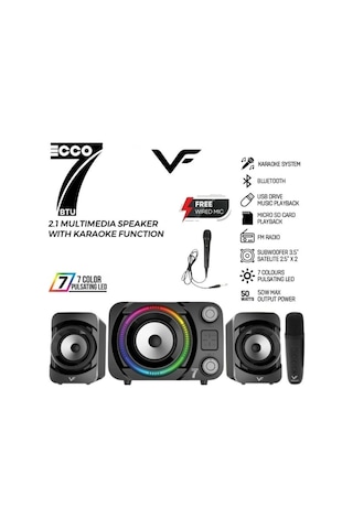 Ecco7 Btu Rgb Led Işıklı 2+1 Ses Sistemi Bluetooth Hoparlör Fm Radyolu Karaoke Mikrofonlu Speaker Tv Pc Bilgisayar Uyumlu 50w 2.1 Kanal Hafıza Kartı Ve Usb Girişli Subwoofer