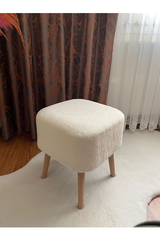 Kare Kesim Ahşap Ayaklı Teddy Kumaş Dekoratif Beyaz Renk Puf