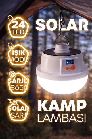 Şarjlı Solarlı Kamp Lambası 5 Modlu Orta-yüksek Işık Sos Askılı Işıldak Kamp El Feneri 47724 Beyaz